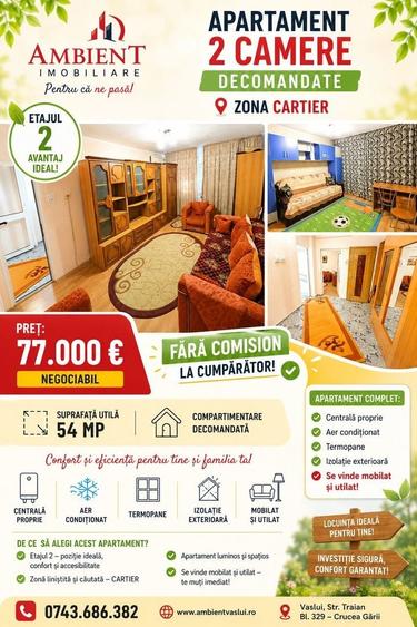 Apartament cu 2 camere decomandat, mobilat în Spital