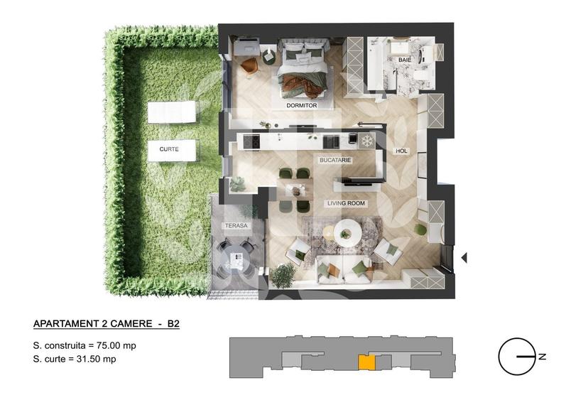 Apartament cu 2 camere semidecomandat în Nord