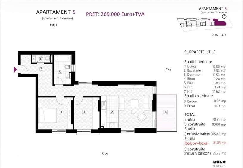 Apartament cu 2 camere în Eminescu