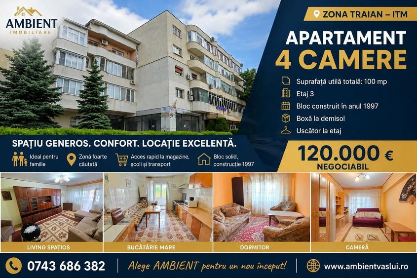 Apartament cu 4 camere decomandat, mobilat în Traian