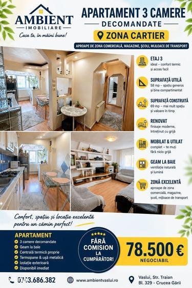 Apartament cu 3 camere decomandat în Central