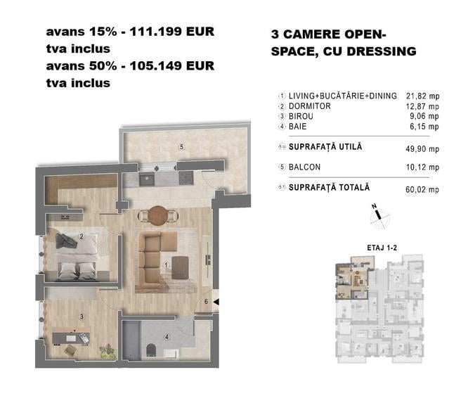 Apartament cu 3 camere semidecomandat în Berceni