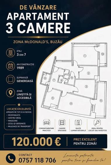 Apartament cu 3 camere decomandat în Ultracentral