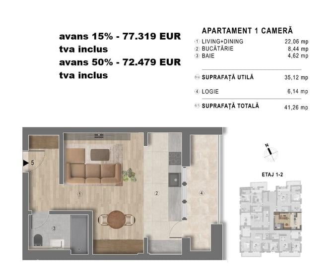 Apartament cu 3 camere în Central