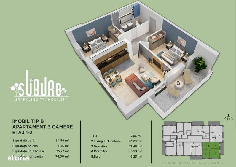 Apartament cu 3 camere în Nord