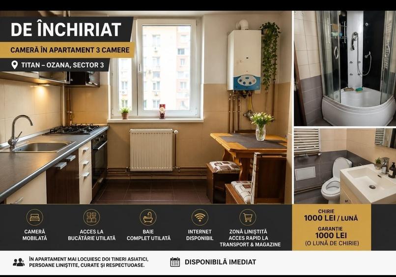 Apartament cu 3 camere decomandat în Titan