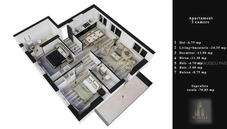 Apartament cu 3 camere decomandat în Eroii Revoluției