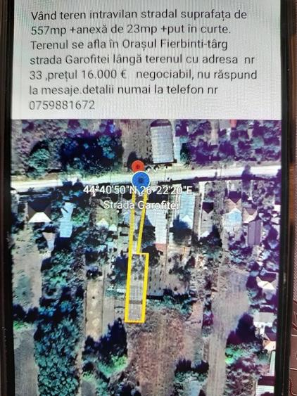 Teren de 557 mp, în Fierbinți-Târg
