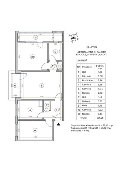 Apartament 3 camere | Mazepa 1 Galati | Etaj 3/4 | Semidecomandat | Suprafata totala 62,42 mp - 4