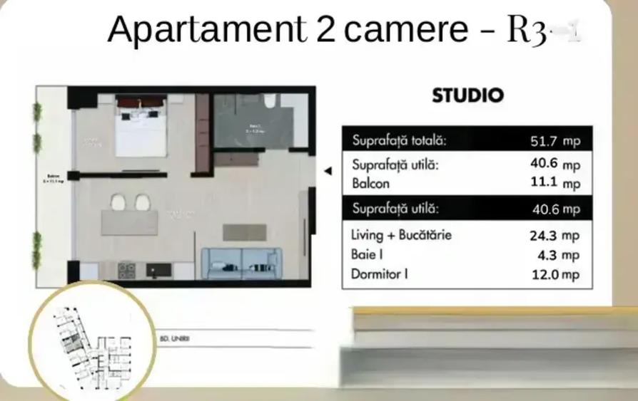 Apartament cu 2 camere semidecomandat în Unirii