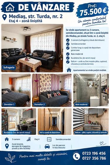 Apartament cu 3 camere semidecomandat în Central