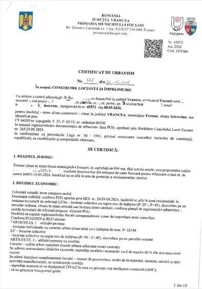 Teren Construcții intravilan de 804 mp, în Nord