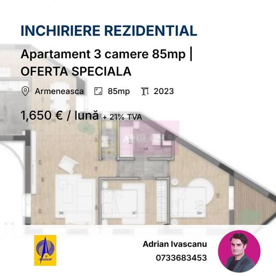 Apartament cu 3 camere decomandat, mobilat în Armeneasca