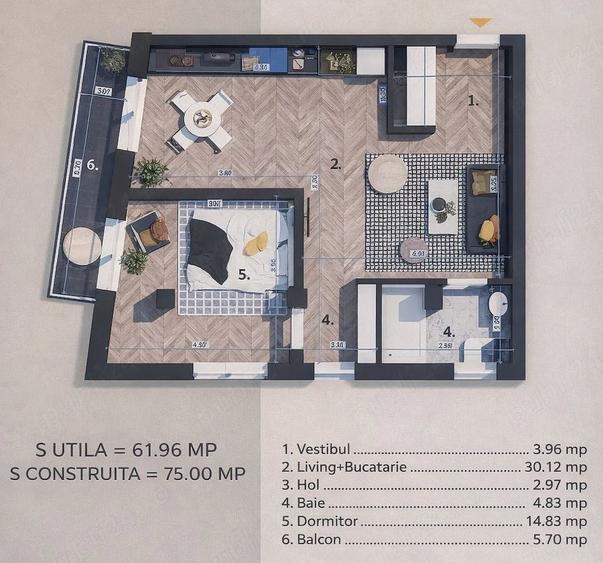 Apartament cu 2 camere semidecomandat în Ozana