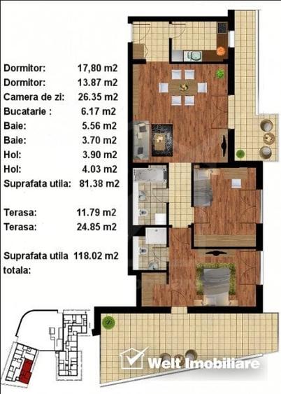 Apartament cu 3 camere semidecomandat, mobilat în Central
