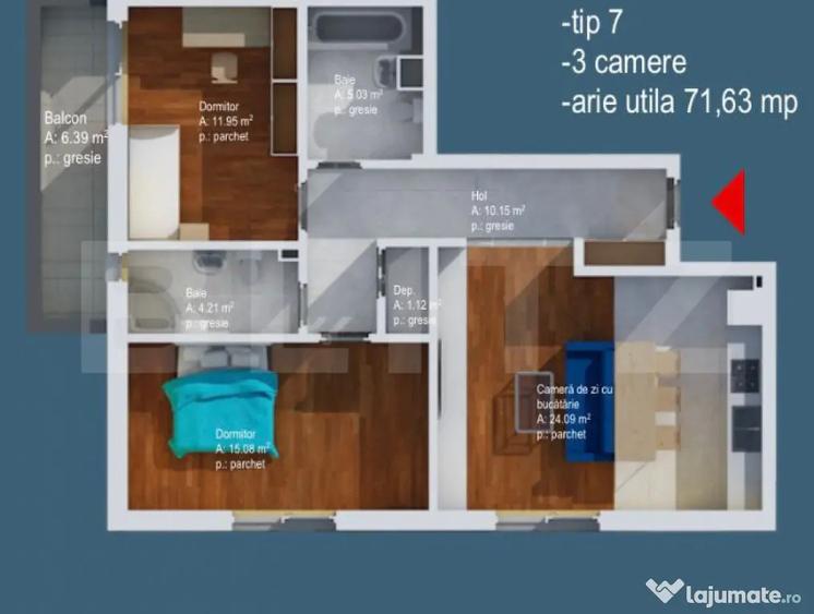 Apartament cu 3 camere semidecomandat în Baciu