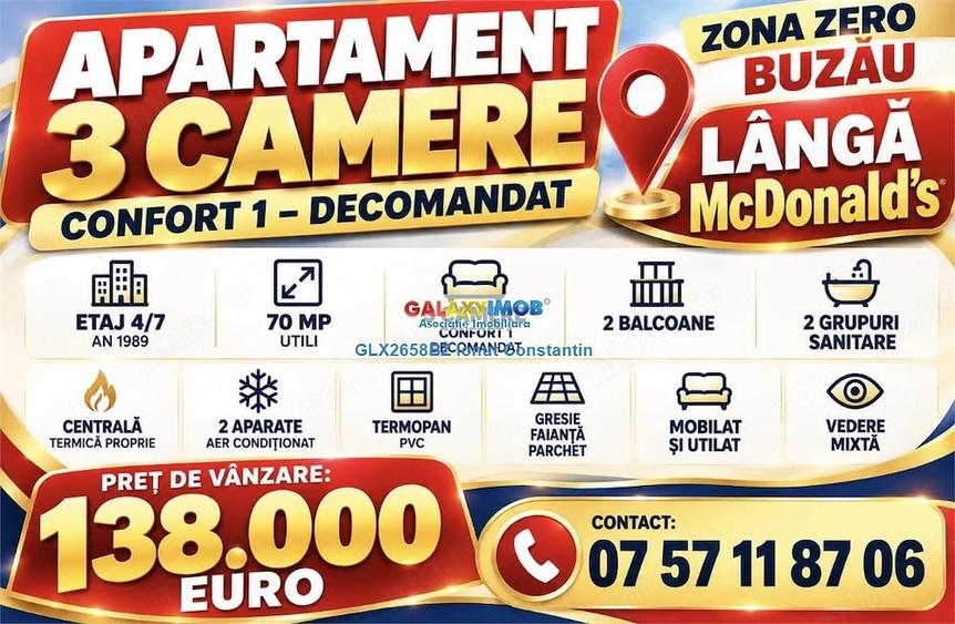 Apartament cu 3 camere decomandat în Ultracentral