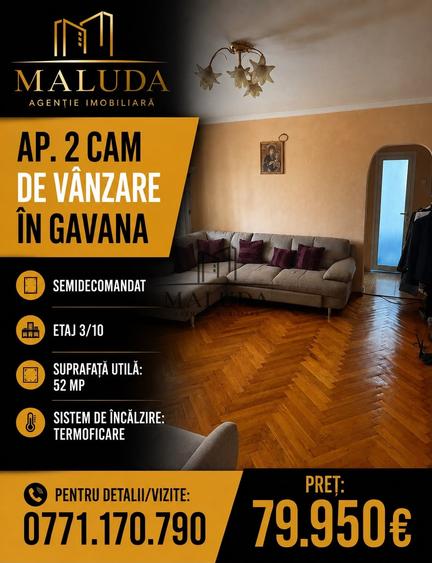 Apartament cu 2 camere semidecomandat, mobilat în Găvana