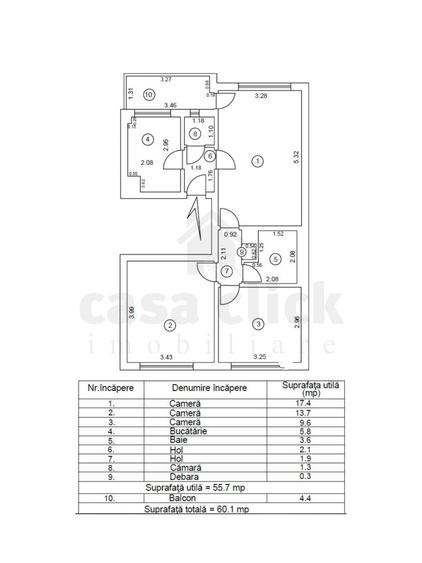 Apartament cu 3 camere decomandat în Central
