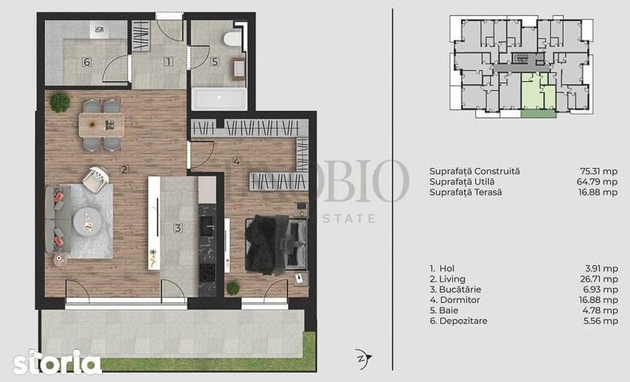 Apartament cu 2 camere, mobilat în Nord