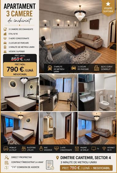 Apartament cu 3 camere semidecomandat în Centrul Civic