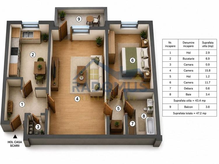 Apartament cu 2 camere semidecomandat, mobilat în Nord