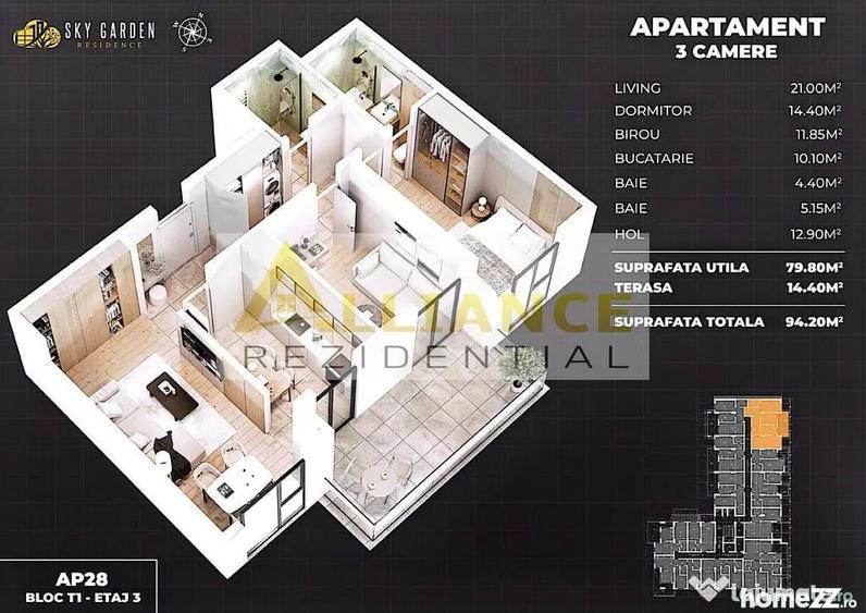 APARTAMENT 3 CAMERE SI 2 BAI DE VANZARE - SKY GARDEN RESI... - 15