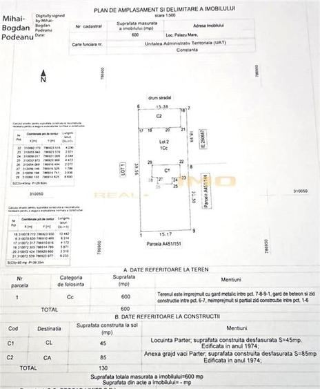Teren Construcții intravilan de 600 mp, în Palazu Mare