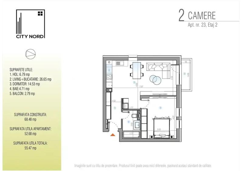 Apartament cu 2 camere semidecomandat în Exterior Est