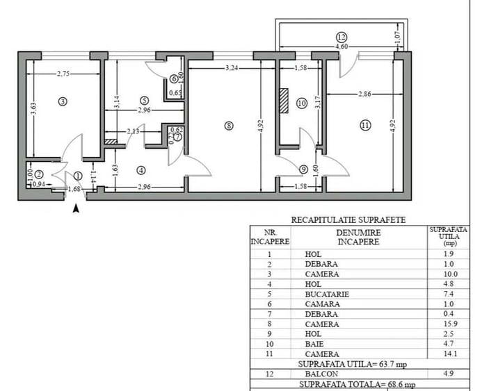 Apartament cu 3 camere semidecomandat în Hipodrom