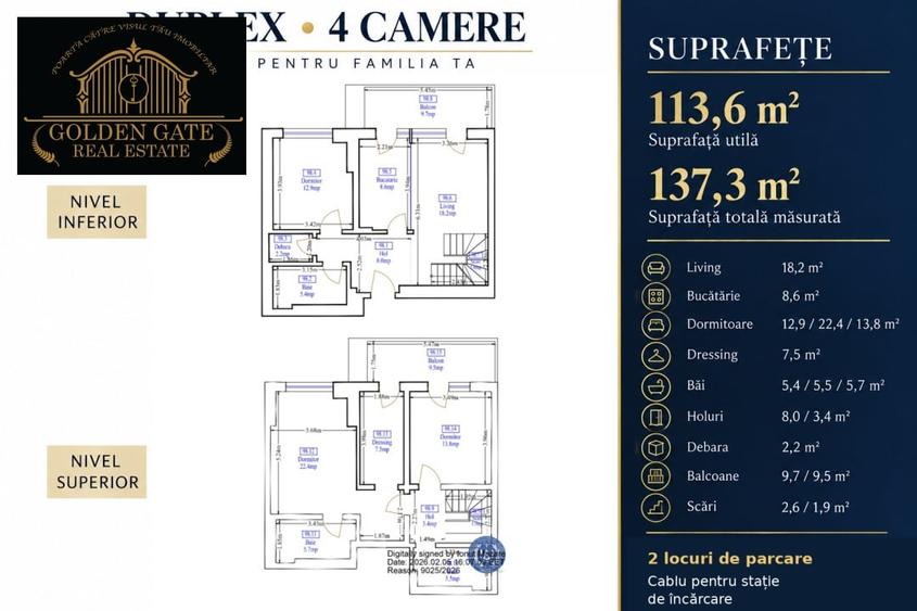 Duplex 4 camere | 137,3 m² total | Mobilat și utilat | 3 băi | 2 X Parcare - 1