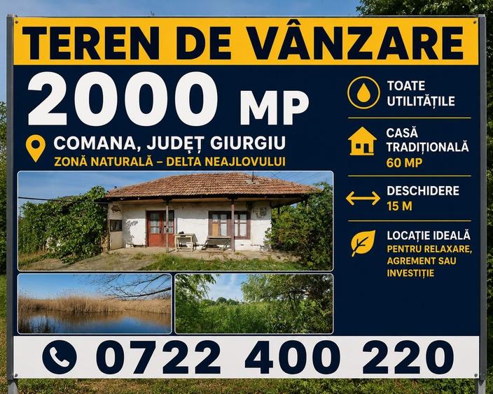Teren Construcții intravilan de 2000 mp, în Comana