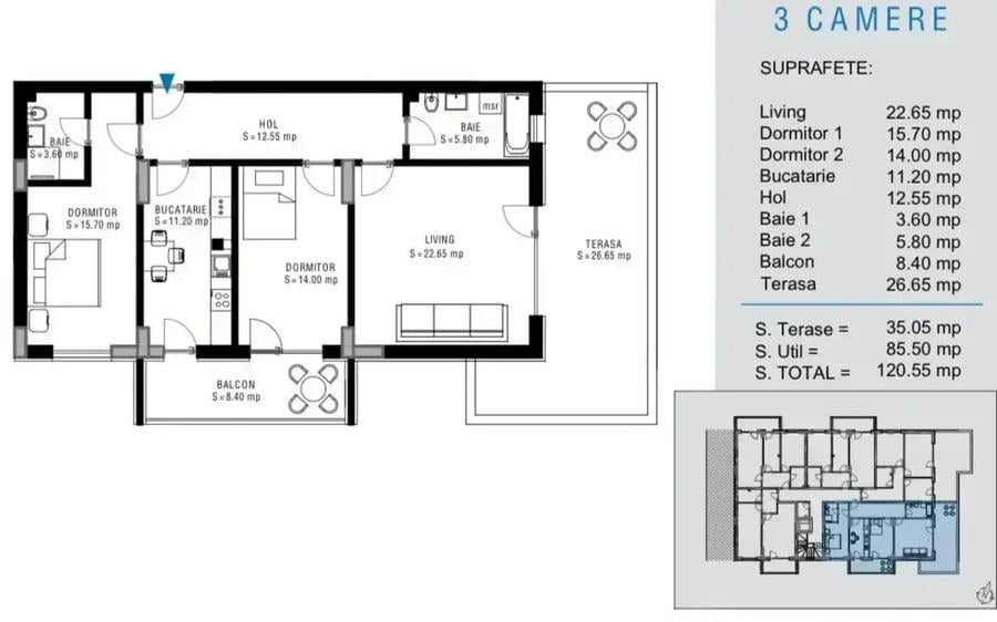 Apartament cu 3 camere decomandat în Titan