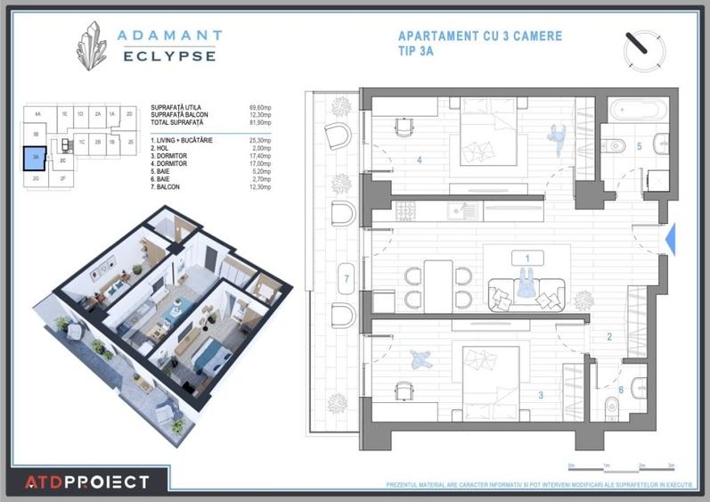 Apartament cu 3 camere semidecomandat în Nicolina