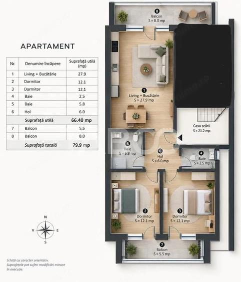 Apartament cu 3 camere decomandat în Central