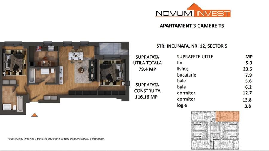 Apartament cu 3 camere semidecomandat în Viilor