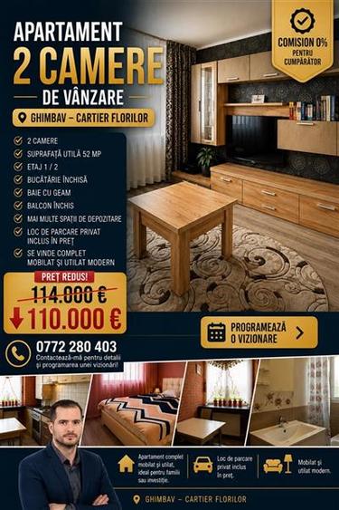 Apartament cu 2 camere decomandat, mobilat în Central