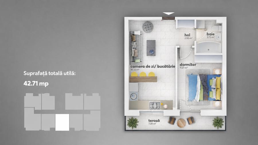Apartament cu 2 camere semidecomandat în Apărătorii Patriei