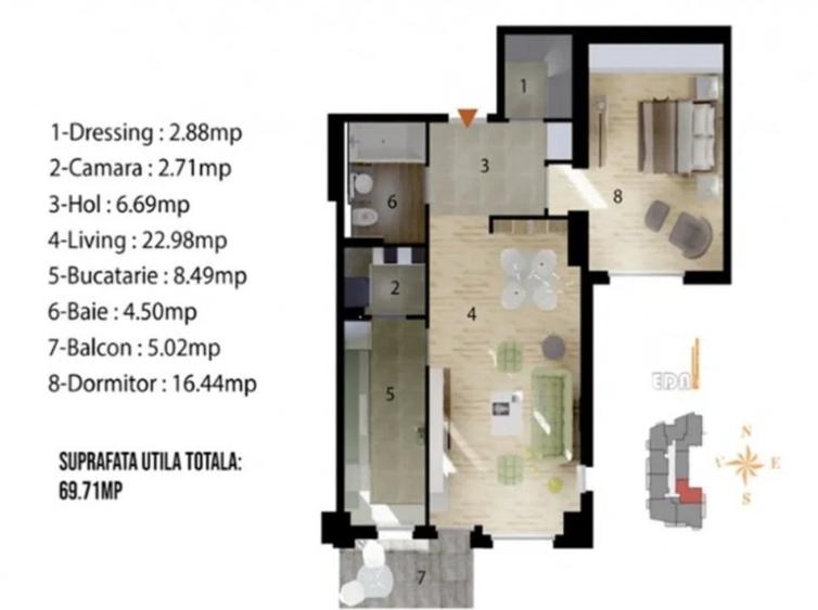 Apartament cu 2 camere semidecomandat, mobilat în Sisești