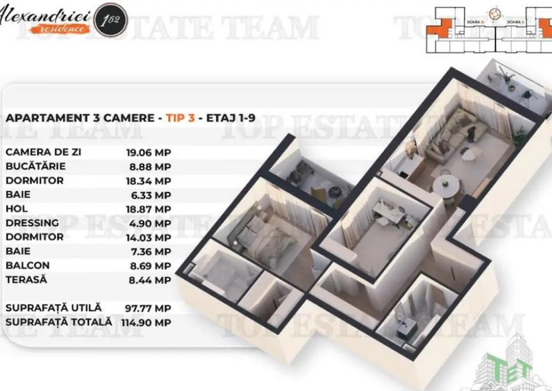 Apartament cu 3 camere semidecomandat în Alexandriei