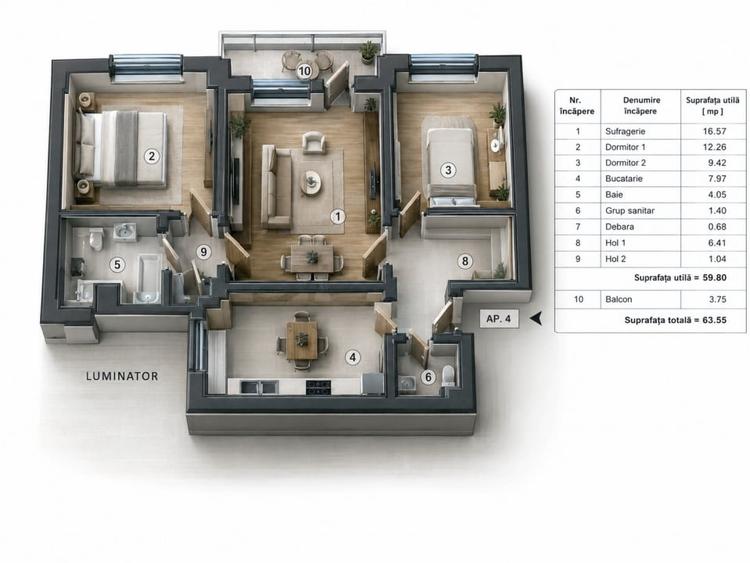 Apartament cu 3 camere semidecomandat în Inel II