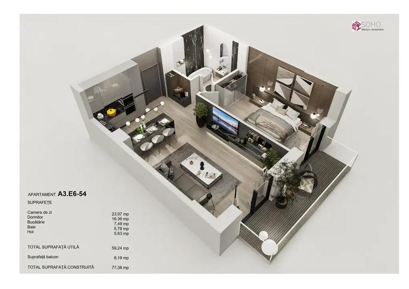 Apartament cu 2 camere semidecomandat în Tractorul