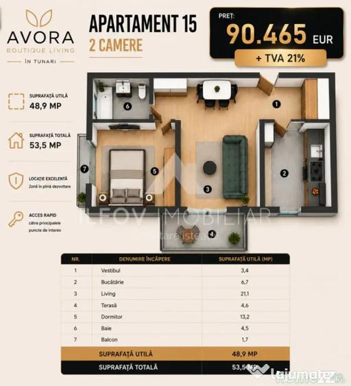 Apartament cu 2 camere semidecomandat în Tunari