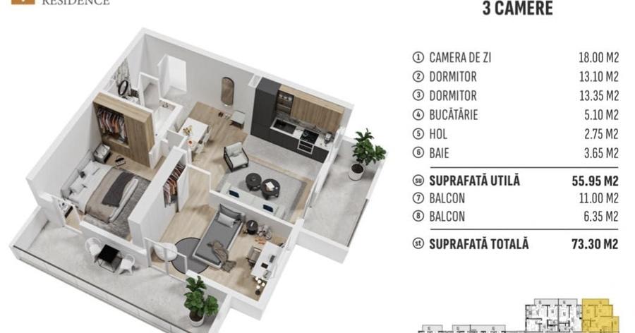 Apartament cu 3 camere decomandat în Central
