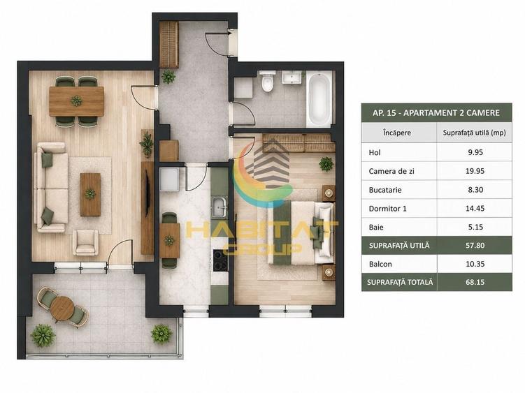 Apartament cu 2 camere decomandat în Titan