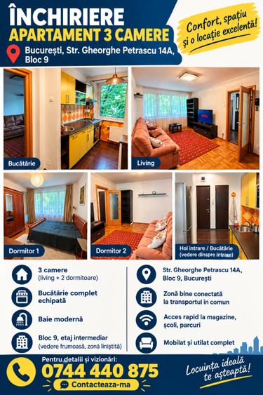 Apartament cu 3 camere semidecomandat, mobilat în Titan