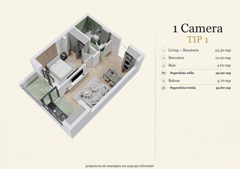 Apartament cu 2 camere în Popești-Leordeni
