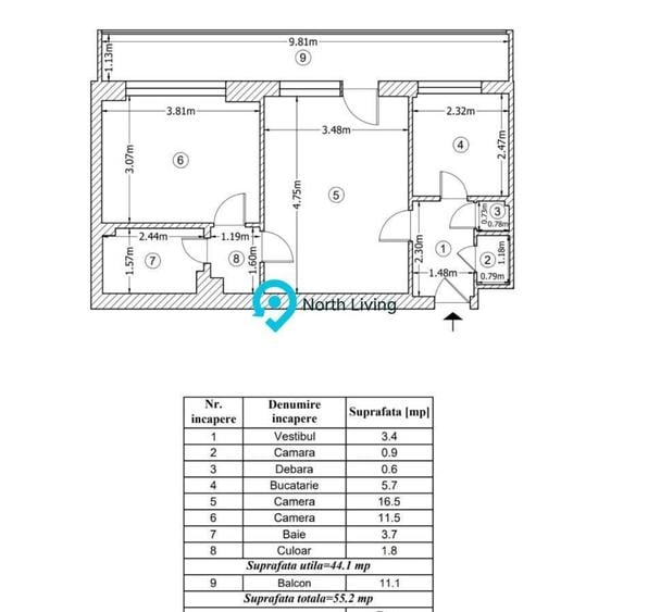Apartament cu 2 camere semidecomandat în Iancului