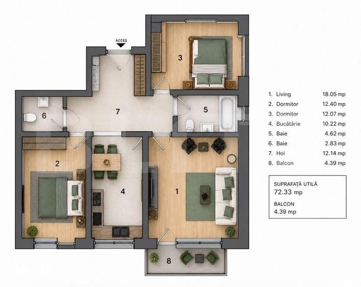 Apartament cu 3 camere decomandat în Sânpetru