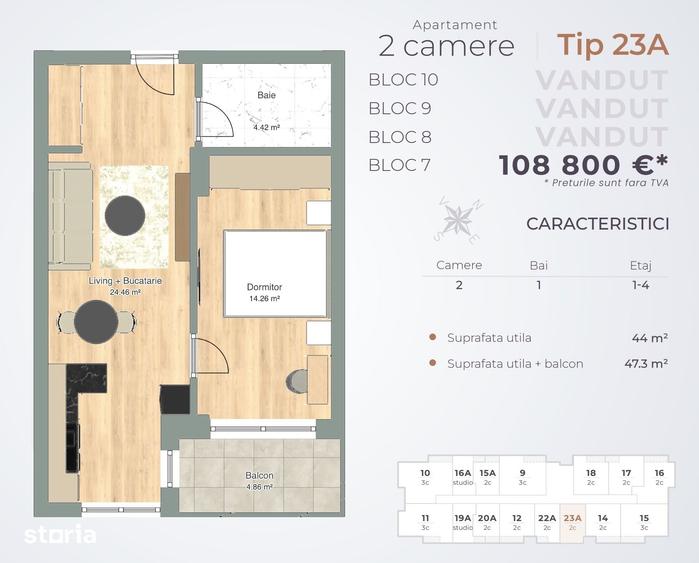 Apartament cu 2 camere în Nord